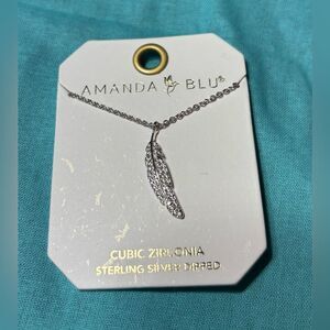 NEW! Amanda Blu Silver Feather Necklace Cubic Zirconia Sterling Silver Dipped